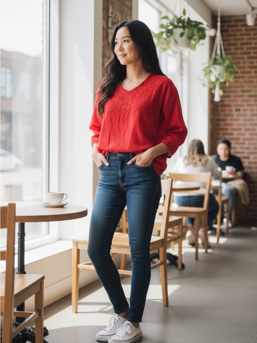Women's Red Embroidered V-Neck Top - Relaxed Fit